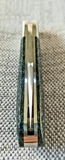 KROO Custom Sway Back Knife, RWL34, 3" NEW W/ slip & coa,Black/Green micarta ,SS elongated bolsters KROO Custom Sway Back Knife, RWL34, 3" NEW W/ slip & coa,Black/Green micarta ,SS elongated bolsters