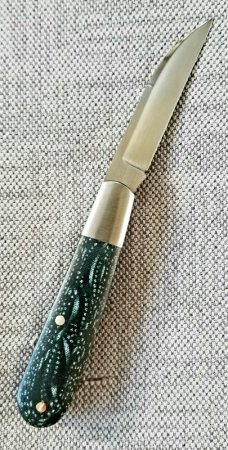 KROO Custom Sway Back Knife, RWL34, 3" NEW W/ slip & coa,Black/Green micarta ,SS elongated bolsters KROO Custom Sway Back Knife, RWL34, 3" NEW W/ slip & coa,Black/Green micarta ,SS elongated bolsters