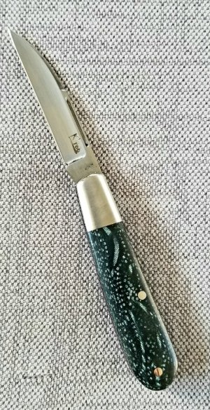 KROO Custom Sway Back Knife, RWL34, 3" NEW W/ slip & coa,Black/Green micarta ,SS elongated bolsters 