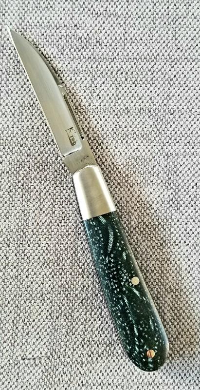 KROO Custom Sway Back Knife, RWL34, 3" NEW W/ slip & coa,Black/Green micarta ,SS elongated bolsters KROO Custom Sway Back Knife, RWL34, 3" NEW W/ slip & coa,Black/Green micarta ,SS elongated bolsters