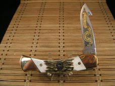 SCHRADE USA LIMITED EDITION VINT. 100 YEAR ANNIVERSARY STAG GUT HOOK UNUSED LOCK BACK KNIFE & SHEATH SCHRADE USA LIMITED EDITION VINT. 100 YEAR ANNIVERSARY STAG GUT HOOK UNUSED LOCK BACK KNIFE & SHEATH