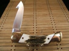 SCHRADE USA LIMITED EDITION VINT. 100 YEAR ANNIVERSARY STAG GUT HOOK UNUSED LOCK BACK KNIFE & SHEATH SCHRADE USA LIMITED EDITION VINT. 100 YEAR ANNIVERSARY STAG GUT HOOK UNUSED LOCK BACK KNIFE & SHEATH
