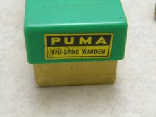 Puma Germany Wood 970 Game Warden Lockback Knife in Box w/Leather Pouch c.1968