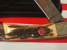 J A Henckels 5" Fold Hunter (HK19-S) Great Stag Handles & Gold Scroll Blade Etch +Orig Sheath -MINTY J A Henckels 5" Fold Hunter (HK19-S) Great Stag Handles & Gold Scroll Blade Etch +Orig Sheath -MINTY