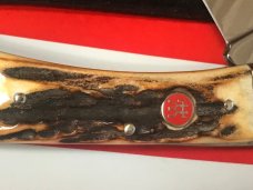 J A Henckels 5" Fold Hunter (HK19-S) Great Stag Handles & Gold Scroll Blade Etch +Orig Sheath -MINTY J A Henckels 5" Fold Hunter (HK19-S) Great Stag Handles & Gold Scroll Blade Etch +Orig Sheath -MINTY