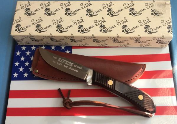 Queen Raw Hide Fixed Blade Hunter/Hunting Knife w Beautiful Fancy Designed Wood Handles -NOS & MINT Queen Raw Hide Fixed Blade Hunter/Hunting Knife w Beautiful Fancy Designed Wood Handles -NOS & MINT