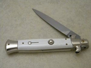 Italy Swivel Bolster Release 8.75 White Italian Stiletto Switchblade Knife c.1970's or 1980's