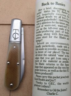 GEC Tidioute Cutlery, Back to Basics, Charlie Campagna SFO, Sawyer Barlow Knife. ..............(717) GEC Tidioute Cutlery, Back to Basics, Charlie Campagna SFO, Sawyer Barlow Knife. ..............(717)