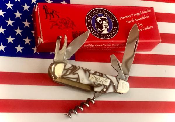 Vintage Bulldog Brand Scout Knife /Utility/Camp w Great Creme w/ Brown Swirl Handles -NOS & Mint Vintage Bulldog Brand Scout Knife /Utility/Camp w Great Creme w/ Brown Swirl Handles -NOS & Mint