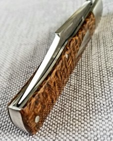 KROO Custom Gunstock Knife,N690, 3.78" slip & coa, Beanbag micarta scales ss accents KROO Custom Gunstock Knife,N690, 3.78" slip & coa, Beanbag micarta scales ss accents