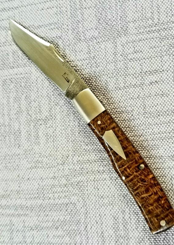 KROO Custom Gunstock Knife,N690, 3.78" slip & coa, Beanbag micarta scales ss accents