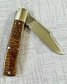 KROO Custom Gunstock Knife,N690, 3.78" slip & coa, Beanbag micarta scales ss accents KROO Custom Gunstock Knife,N690, 3.78" slip & coa, Beanbag micarta scales ss accents