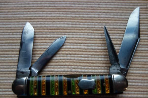 IMPERIAL KNIFE COMPANY (IKCO) 4 BLADE GLITTER STRIPE CELLULOID SMALL CATTLE KNIFE FOR REPAIR IMPERIAL KNIFE COMPANY (IKCO) 4 BLADE GLITTER STRIPE CELLULOID SMALL CATTLE KNIFE FOR REPAIR