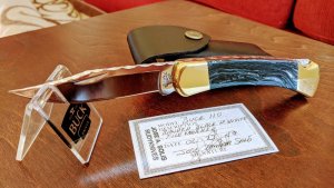Buck 110 Custom Rudy Knives Black & White Banded scales, filework, COA *NIB*