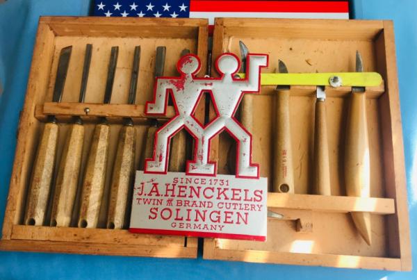 Vintage J A Henckels 10 Wood Carving Tools/Chisels/Blades in Orig Wood Box -Ready to get to work!