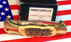 Hard to find..  J A Henckels Folding 4 & 1/2" Hunter Knife w/ Fossil Ivory Handles - NOS in Orig Box
