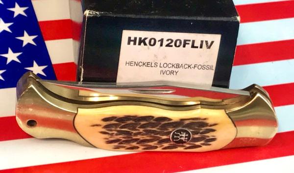 Hard to find.. J A Henckels Folding 4 & 1/2" Hunter Knife w/ Fossil Ivory Handles - NOS in Orig Box Hard to find.. J A Henckels Folding 4 & 1/2" Hunter Knife w/ Fossil Ivory Handles - NOS in Orig Box