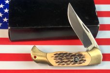 Hard to find.. J A Henckels Folding 4 & 1/2" Hunter Knife w/ Fossil Ivory Handles - NOS in Orig Box Hard to find.. J A Henckels Folding 4 & 1/2" Hunter Knife w/ Fossil Ivory Handles - NOS in Orig Box