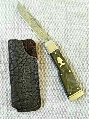Jeff Mitchell Custom Gunstock Knife, Damasteel & Random Carbon fiber,slip,3 5/8" closed,,extras
