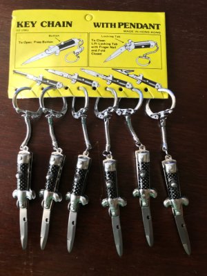 Miniature Switchblade Stiletto's, Made in Hong Kong, With Original Retail Advertisement Hanger 