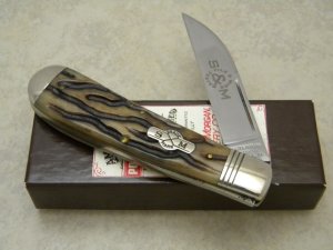 Schatt & Morgan Cutlery Co. Titusville PA Bone 041001 Wharncliffe Swayback Clasp Knife in Box c.2010