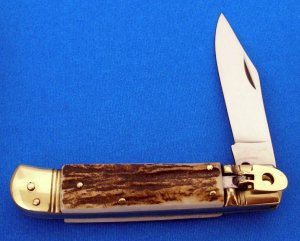 EDGE CO Italy AUTOMATIC SWITCHBLADE Lever Lock Auto Genuine Stag Knife 1980's