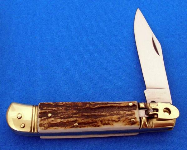 EDGE CO Italy AUTOMATIC SWITCHBLADE Lever Lock Auto Genuine Stag Knife 1980's