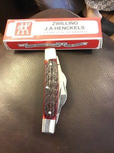 ZWILLING J A HENCKELS HK 1-B RED BONE HANDLE CONGRESS SOLINGEN GERMANY HAND HONED 4 BLADES NEW IN BO