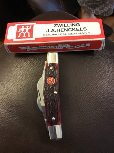 ZWILLING J A HENCKELS HK 1-B RED BONE HANDLE CONGRESS SOLINGEN GERMANY HAND HONED 4 BLADES NEW IN BO