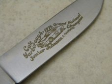 Case XX Stainless USA 3 Dot (1977) Black 2138 "Cale Yarborough 1976" Champion Etch Sodbuster Knife Case XX Stainless USA 3 Dot (1977) Black 2138 "Cale Yarborough 1976" Champion Etch Sodbuster Knife