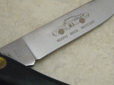 Case XX Stainless USA 3 Dot (1977) Black 2138 "Woods Bros. Mercury" Etch Sodbuster Knife Case XX Stainless USA 3 Dot (1977) Black 2138 "Woods Bros. Mercury" Etch Sodbuster Knife