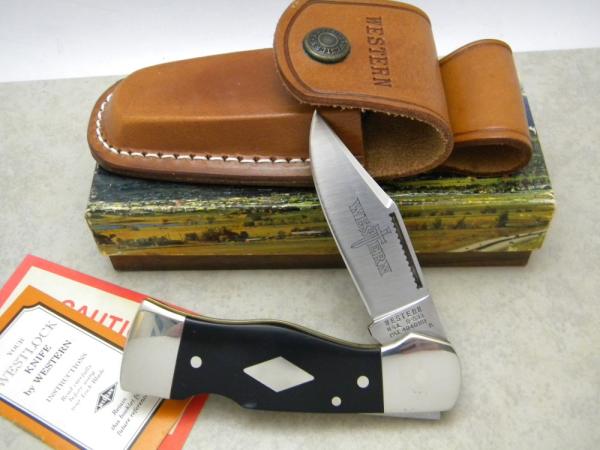 Western USA S-533 "B" Black Westlock Lockback Knife & Pouch c.1978 in Box