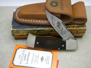 Western USA S-534 "D" Wood Westlock Lockback Knife & Pouch c.1978 in Box