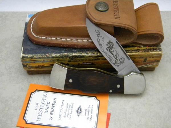 Western USA S-534 "D" Wood Westlock Lockback Knife & Pouch c.1978 in Box