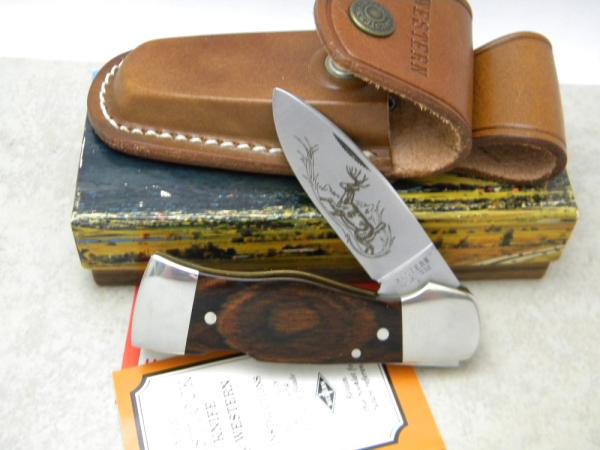 Western USA S-532 "F" Wood Westlock Lockback Knife & Pouch c.1977 in Box 