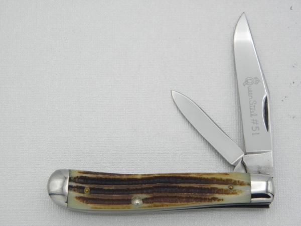 Queen Cutlery #51 Small Dogleg Trapper in Winterbottom bone: 3 1/2” closed, circa 1962, Queen Cutlery #51 Small Dogleg Trapper in Winterbottom bone: 3 1/2” closed, circa 1962,