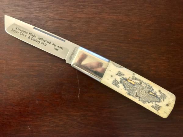 Vintage Wostenholm Japanese Tanto Lockback Folder, Eagle Scrimshaw On Handle, Unused Vintage Wostenholm Japanese Tanto Lockback Folder, Eagle Scrimshaw On Handle, Unused