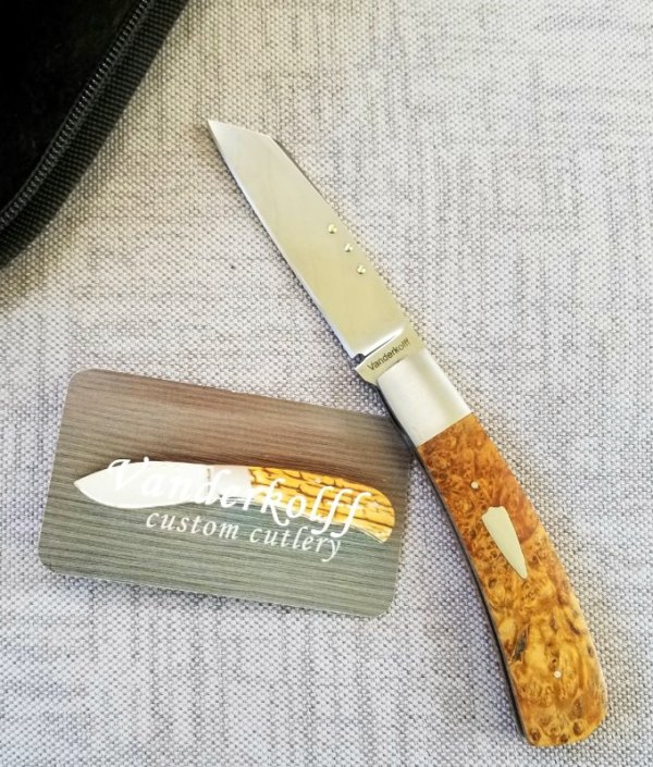Steve Vanderkolff Maple Burl Native, 4" cl,he uses dot system for pulls. Just in. CPM-154 ,great 