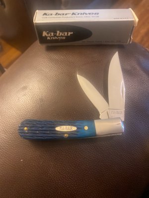 New 1990 KA-BAR Blue Bent Barlow With Two Blades In The Original Box
