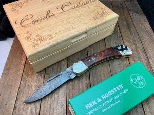 Hen and Rooster Combs Custom 4” Lockback Damascus Blade File Work Exotic Hardwood Handles