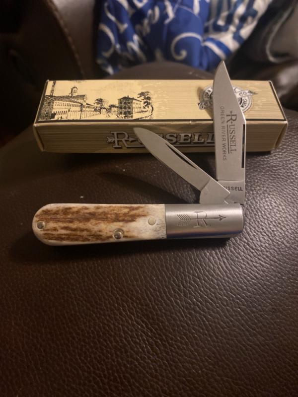 Russell Green River Works Super Fat & Gnarly Stag Barlow With Russell Logo On Bolster & 2 Blades NIB Russell Green River Works Super Fat & Gnarly Stag Barlow With Russell Logo On Bolster & 2 Blades NIB