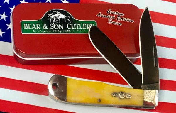 Bear & Son Custom 2 Blade Mountain Man Knife w/ Smooth Yellow Bone Handles & Blued Handles -NOS Bear & Son Custom 2 Blade Mountain Man Knife w/ Smooth Yellow Bone Handles & Blued Handles -NOS
