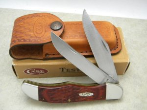 Case XX Stainless USA 10 Dot Wood 6265 SAB Serrated Folding Hunter Knife NIB w/Leather Pouch