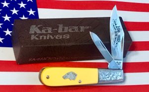 Vint 1998 Ka-Bar Barlow Knife w/ Yellow Derlin Handles +Dog Head Shield & Fancy Scroll Bolsters -NOS