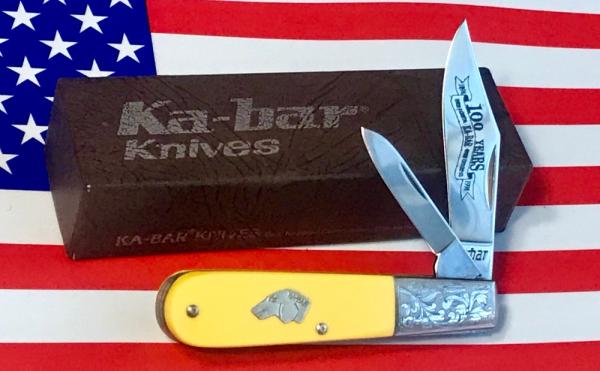 Vint 1998 Ka-Bar Barlow Knife w/ Yellow Derlin Handles +Dog Head Shield & Fancy Scroll Bolsters -NOS Vint 1998 Ka-Bar Barlow Knife w/ Yellow Derlin Handles +Dog Head Shield & Fancy Scroll Bolsters -NOS