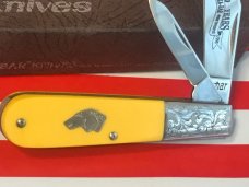 Vint 1998 Ka-Bar Barlow Knife w/ Yellow Derlin Handles +Dog Head Shield & Fancy Scroll Bolsters -NOS Vint 1998 Ka-Bar Barlow Knife w/ Yellow Derlin Handles +Dog Head Shield & Fancy Scroll Bolsters -NOS