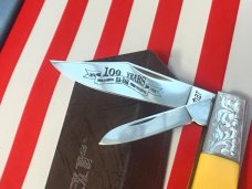Vint 1998 Ka-Bar Barlow Knife w/ Yellow Derlin Handles +Dog Head Shield & Fancy Scroll Bolsters -NOS Vint 1998 Ka-Bar Barlow Knife w/ Yellow Derlin Handles +Dog Head Shield & Fancy Scroll Bolsters -NOS