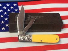Vint 1998 Ka-Bar Barlow Knife w/ Yellow Derlin Handles +Dog Head Shield & Fancy Scroll Bolsters -NOS Vint 1998 Ka-Bar Barlow Knife w/ Yellow Derlin Handles +Dog Head Shield & Fancy Scroll Bolsters -NOS