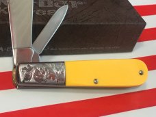 Vint 1998 Ka-Bar Barlow Knife w/ Yellow Derlin Handles +Dog Head Shield & Fancy Scroll Bolsters -NOS Vint 1998 Ka-Bar Barlow Knife w/ Yellow Derlin Handles +Dog Head Shield & Fancy Scroll Bolsters -NOS