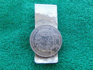 Navajo Style Money Clip, Handmade and Signed.  With Large Mexican Coin.